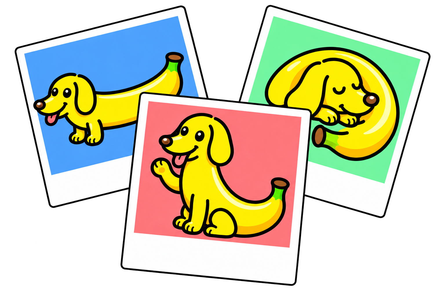 Banana-dog poses in three colorful Polaroid frames