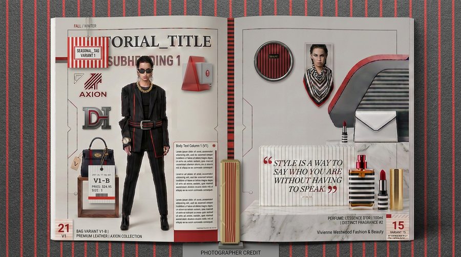 Fashion editorial with multiple reference-grounded layouts