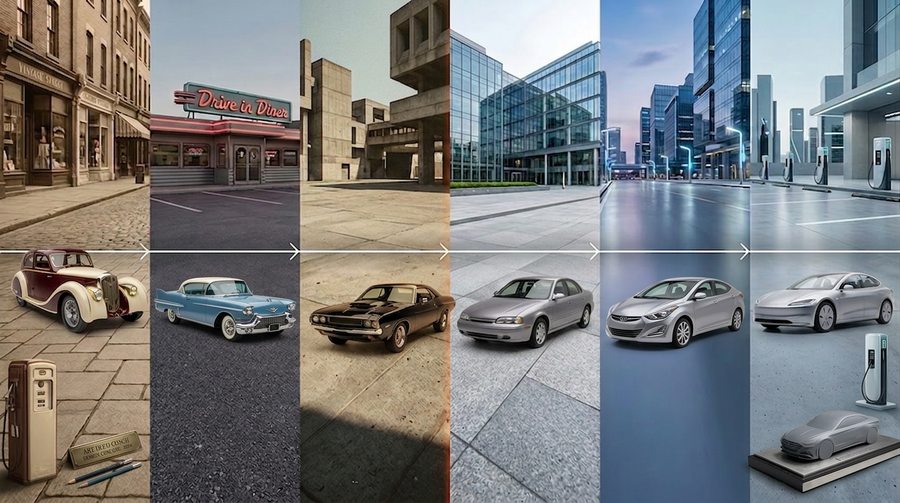 A six-panel timeline of car design evolution
